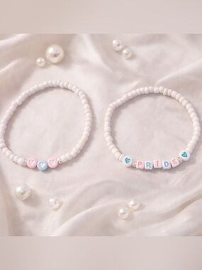 Trans Pride Bracelet Set – Pastel Heart & PRIDE Beaded Stack | Soft